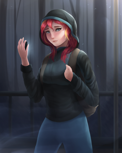 Size: 800x1000 | Tagged: safe, artist:vanillaghosties, derpibooru import, sunset shimmer, human, eqg summertime shorts, equestria girls, monday blues, backpack, clothes, female, hoodie, humanized, mobile phone, pants, phone, rain, solo, sweater, tree