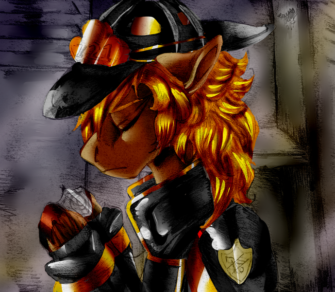 Size: 2742x2386 | Tagged: safe, artist:brainiac, derpibooru import, oc, oc:rescue sunstreak, unofficial characters only, pony, badge, clothes, commission, eyes closed, firefighter, floppy ears, helmet, lockers, male, solo, stallion