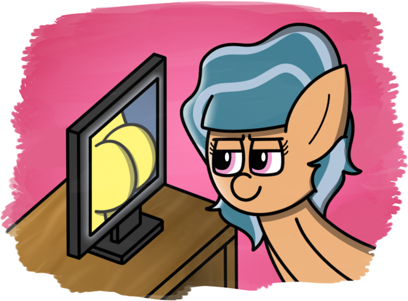 Size: 896x661 | Tagged: questionable, artist:techreel, derpibooru import, pony, ass, bedroom eyes, minions, smiling, solo, table, television