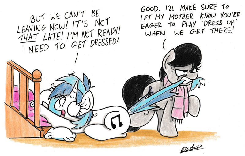 Size: 2343x1493 | Tagged: safe, artist:bobthedalek, derpibooru import, octavia melody, vinyl scratch, earth pony, pony, unicorn, bed mane, biting, clothes, dialogue, female, gritted teeth, mare, messy mane, mouth hold, open mouth, pillow, scarf, shrunken pupils, tail, tail bite, tail pull, traditional art, unamused, wide eyes