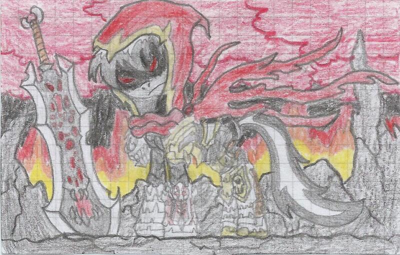 Size: 1294x826 | Tagged: safe, artist:nephilim rider, derpibooru import, oc, oc:heaven lost, unofficial characters only, hybrid, pony, clothes, cosplay, costume, darksiders, graph paper, lined paper, nephilim, solo, traditional art