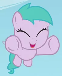 Size: 309x380 | Tagged: safe, derpibooru import, screencap, aura (character), pegasus, pony, fame and misfortune, background pony, cropped, cute, eyes closed, female, filly, flying, race swap, smiling, solo