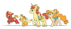 Size: 1800x741 | Tagged: safe, artist:ponygoggles, derpibooru import, apple bloom, applejack, big macintosh, bright mac, pear butter, earth pony, pony, the perfect pear, apple family, baby, baby pony, blank flank, brightbutter, colt, colt big macintosh, cowboy hat, cute, family, female, filly, filly applejack, foal, galloping, hat, male, mare, saddle bag, shipping, simple background, stallion, straight, unshorn fetlocks, white background, younger
