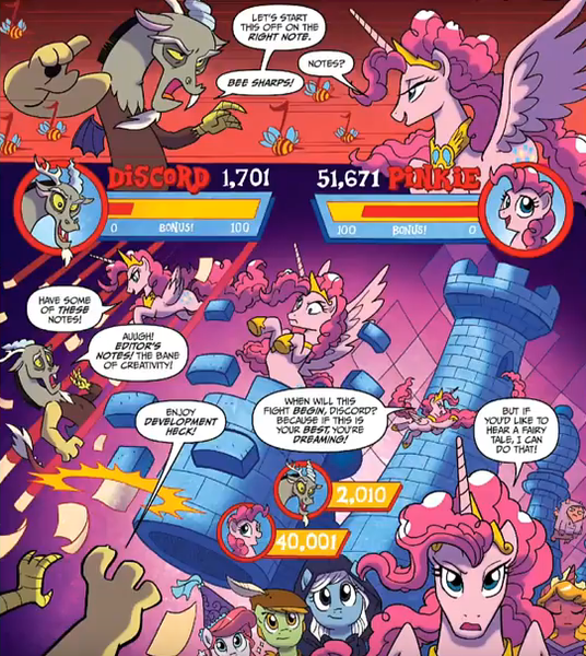 Size: 541x606 | Tagged: safe, derpibooru import, idw, screencap, big boy the cloud gremlin, discord, pinkie pie, alicorn, cloud gremlins, draconequus, pony, spoiler:comic, spoiler:comic57, alicornified, chaos, comic, comics, female, male, mare, official comic, pinkiecorn, princess of chaos, pun, race swap, xk-class end-of-the-world scenario