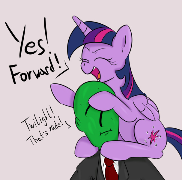 Size: 1200x1187 | Tagged: safe, artist:yukkuripalehorse, derpibooru import, twilight sparkle, twilight sparkle (alicorn), oc, oc:anon, alicorn, human, pony, dialogue, ponies riding humans, riding, riding human