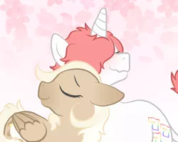 Size: 2000x1602 | Tagged: safe, artist:redarmies, derpibooru import, oc, oc:beginners luck, oc:bookmark, unofficial characters only, classical unicorn, pegasus, pony, unicorn, cloven hooves, gay, leonine tail, male, nuzzling, pink background, shipping, simple background, unshorn fetlocks