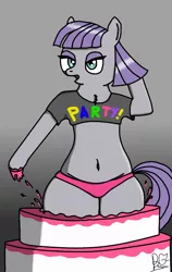 Size: 800x1268 | Tagged: suggestive, artist:billgatez, derpibooru import, maud pie, earth pony, pony, belly button, birthday cake, cake, chest fluff, chubby, clothes, female, food, frosting, gift art, hips, mare, party, pop out cake, shirt, simple background, t-shirt, thick, wide hips