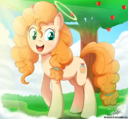 Size: 1871x1742 | Tagged: safe, artist:the-butch-x, derpibooru import, pear butter, earth pony, pony, the perfect pear, angel, apple tree, cloud, commission, cute, female, good end, grass, halo, heaven, mare, mother, open mouth, pearabetes, sky, smiling, solo, tree