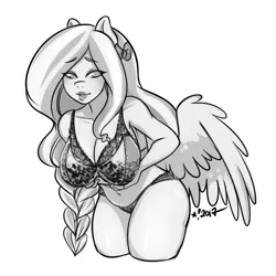 Size: 800x801 | Tagged: anthro, artist:stardrawsponies, belly, bra, braid, breasts, clothes, derpibooru import, female, grayscale, lingerie, monochrome, oc, oc:milk drop, panties, pegasus, simple background, solo, solo female, suggestive, underwear, unofficial characters only, white background, wings