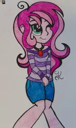 Size: 2076x3493 | Tagged: safe, artist:mlpshimmysunshine123, derpibooru import, oc, oc:contralto, unofficial characters only, equestria girls, clothes, cute, disguised siren, equestria girls-ified, female, one eye closed, shorts, smiling, solo, wink