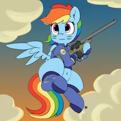 Size: 5000x5000 | Tagged: safe, artist:pabbley, derpibooru import, rainbow dash, pegasus, pony, absurd resolution, belly button, clothes, cloud, cute, dashabetes, female, flying, gun, rifle, socks, solo, weapon