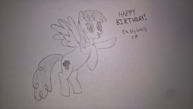 Size: 2491x1402 | Tagged: safe, artist:zeb, derpibooru import, lightning bolt, white lightning, pegasus, pony, female, flying, grayscale, happy birthday, looking at you, mare, monochrome, simple background, smiling, solo, traditional art, white background