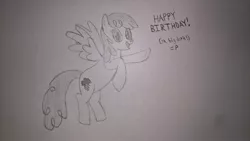 Size: 2491x1402 | Tagged: safe, artist:zeb, derpibooru import, lightning bolt, white lightning, pegasus, pony, female, flying, grayscale, happy birthday, looking at you, mare, monochrome, simple background, smiling, solo, traditional art, white background