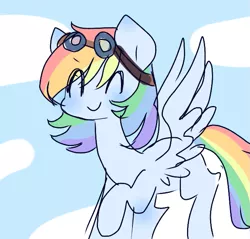 Size: 651x622 | Tagged: safe, artist:windymils, derpibooru import, rainbow dash, pegasus, pony, cloud, cute, dashabetes, eyes closed, female, goggles, mare, raised hoof, sky, smiling, solo