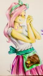 Size: 1556x2769 | Tagged: safe, artist:nolyanimeid, derpibooru import, fluttershy, eqg summertime shorts, equestria girls, pet project, clothes, eyes closed, simple background, smiling, solo, traditional art
