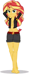 Size: 1600x4000 | Tagged: suggestive, artist:tiredbrony, derpibooru import, sunset shimmer, equestria girls, absurd resolution, barefoot, bedroom eyes, belly button, breasts, cankles, cleavage, clothes, feet, female, looking at you, sexy, shorts, show accurate, simple background, solo, solo female, stupid sexy sunset shimmer, sunfeet shimmer, transparent background, vector