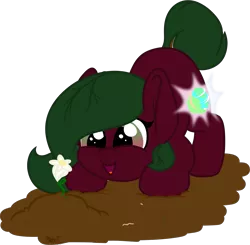 Size: 1715x1681 | Tagged: safe, artist:binkyt11, derpibooru import, oc, oc:terra flora, unofficial characters only, earth pony, plant pony, pony, worm, atg 2017, cutie mark, cutiespark, dirt, female, filly, flower, newbie artist training grounds, simple background, solo, transparent background