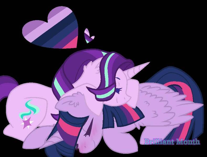 Size: 840x639 | Tagged: safe, artist:brilliantmonth, derpibooru import, starlight glimmer, twilight sparkle, twilight sparkle (alicorn), alicorn, pony, unicorn, black background, blushing, cuddling, eyes closed, female, heart, lesbian, shipping, simple background, twistarlight