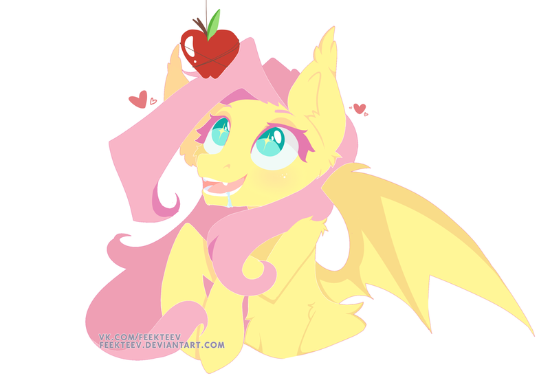 Size: 1024x704 | Tagged: safe, artist:feekteev, derpibooru import, fluttershy, bat pony, pony, apple, bat wings, drool, fangs, female, flutterbat, food, heart, looking at something, looking up, mare, open mouth, race swap, simple background, smiling, solo, spread wings, white background, wings