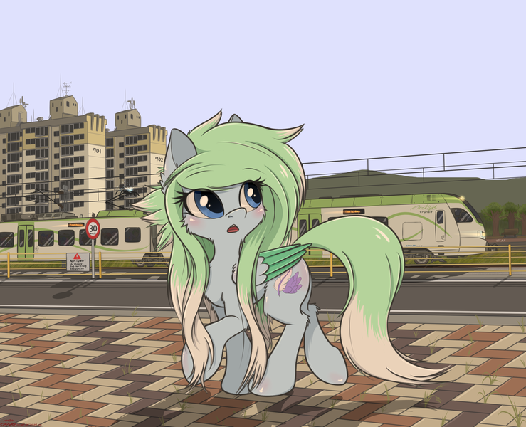 Size: 2200x1785 | Tagged: safe, artist:orang111, derpibooru import, oc, oc:amaranthine sky, unofficial characters only, pegasus, pony, apartment, building, female, scenery, solo, stadler flirt, town, train