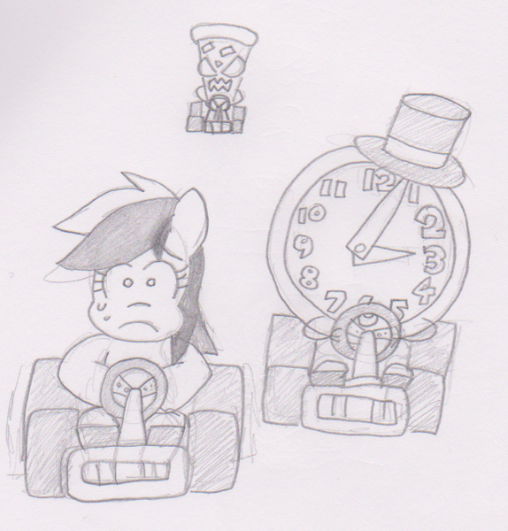 Size: 652x681 | Tagged: safe, artist:threetwotwo32232, derpibooru import, rainbow dash, pony, clock, hat, kart, monochrome, newbie artist training grounds, pencil drawing, pizza monster, pun, top hat, traditional art, visual pun