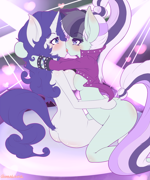 Size: 1280x1536 | Tagged: questionable, artist:sagasshi, derpibooru import, coloratura, rarity, anthro, unicorn, arm hooves, ass, asymmetrical docking, boob squish, bottomless, breasts, busty coloratura, busty rarity, clothed female nude female, clothes, countess coloratura, dock, female, french kiss, heart, jacket, kissing, lesbian, looking at each other, partial nudity, rarara, rarararara, shipping, sideboob, symmetrical docking, veil