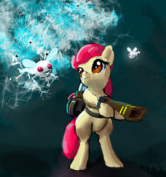 Size: 1341x1430 | Tagged: safe, artist:xbi, derpibooru import, apple bloom, pony, twittermite, bloom and gloom, bipedal, pest control pony, solo, twitbuster apple bloom