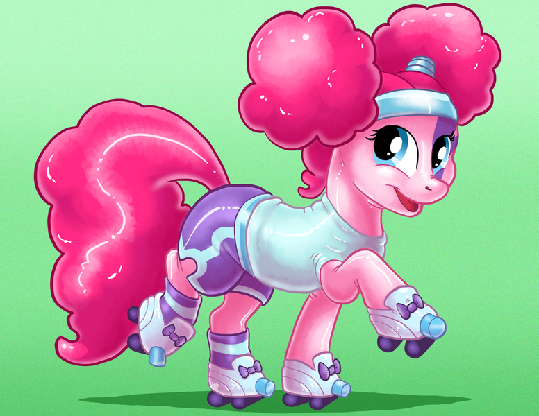 Size: 1035x800 | Tagged: safe, artist:hornbuckle, derpibooru import, pinkie pie, earth pony, pony, rubber pony, female, latex, mare, nightmare night, pinkie puffs, roller skates, shiny, solo