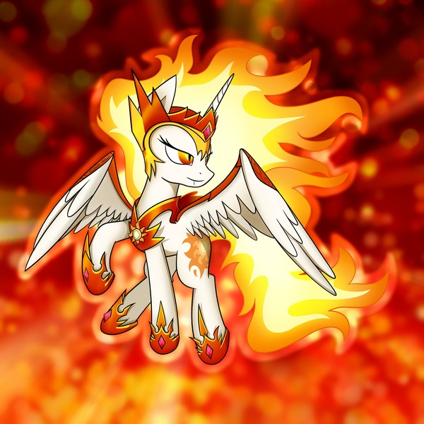 Size: 2550x2550 | Tagged: safe, artist:conniethecasanova, artist:flamevulture17, derpibooru import, edit, daybreaker, alicorn, pony, a royal problem, female, fire, image, jpeg, mane of fire, mare, smiling, solo, white sclera