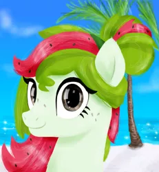 Size: 3472x3760 | Tagged: safe, artist:monkfishyadopts, derpibooru import, oc, oc:watermelana, unofficial characters only, pony, beach, bust, freckles, looking at you, ocean, palm tree, sand, solo, tree