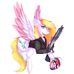 Size: 1000x1000 | Tagged: safe, artist:magicalbrownie, derpibooru import, oc, oc:jessica, unofficial characters only, pegasus, pony, animated, blinking, clothes, colored wings, crossover, gif, gun, mask, multicolored wings, payday 2, solo, suit, weapon