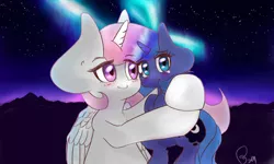 Size: 2500x1500 | Tagged: safe, artist:berrity, derpibooru import, princess celestia, princess luna, alicorn, pony, aurora borealis, cute, image, jpeg, plushie