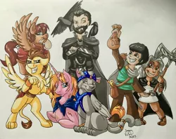 Size: 3665x2906 | Tagged: safe, artist:sugaryviolet, derpibooru import, oc, oc:ankh, oc:ducky, oc:fayni, oc:lionheart, oc:marticus tedward horseler, oc:ring dancer, oc:spirit, oc:yzdel, unofficial characters only, bird, duck, hybrid, pegasus, pony, raven (bird), sphinx, unicorn, ponyfinder, axe, battle axe, dragonborn, dungeons and dragons, ear piercing, earring, fangs, female, floppy ears, frown, glare, grin, group photo, halfling, jewelry, lidded eyes, looking at you, mare, meow, pen and paper rpg, piercing, prone, purrsian, raised eyebrow, rawr, rearing, rpg, sassy, sitting, smiling, smirk, sphinx oc, spread wings, traditional art, weapon, wings