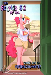 Size: 800x1166 | Tagged: anthro, artist:omny87, art pack, art pack cover, baseball cap, cap, clothes, derpibooru import, food, hat, logo, looking at you, patreon, patreon preview, pinkie pie, pizza, pizza box, pizza delivery, promotional art, safe, series:the serving six, shirt, shorts, soda, t-shirt, unguligrade anthro