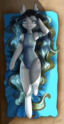 Size: 1035x1999 | Tagged: anthro, armpits, artist:cupcakes0987, beach, clothes, commission, derpibooru import, glowing hair, lying down, oc, oc:heaven tune, on back, one-piece swimsuit, safe, swimsuit, unguligrade anthro, unofficial characters only, ych result