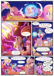 Size: 3500x4950 | Tagged: safe, artist:light262, artist:lummh, derpibooru import, applejack, discord, fluttershy, pinkie pie, rainbow dash, rarity, twilight sparkle, twilight sparkle (alicorn), oc, oc:princess tempora, alicorn, draconequus, pegasus, pony, comic:timey wimey, blatant lies, comic, cowboy hat, dialogue, female, hat, mane six, mare, multicolored hair, possessed, princess temporarity, speech bubble, stetson