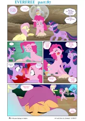 Size: 4958x7008 | Tagged: safe, artist:jeremy3, derpibooru import, derpy hooves, fluttershy, pinkie pie, scootaloo, twilight sparkle, twilight sparkle (alicorn), alicorn, pony, comic:everfree, absurd resolution, comic, crater, crying, egg, hug, magic, not what it looks like