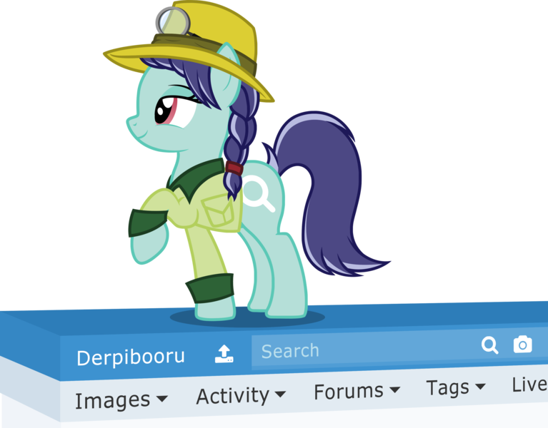 Size: 3222x2519 | Tagged: safe, artist:badumsquish, derpibooru import, oc, oc:search, ponified, unofficial characters only, earth pony, pony, derpibooru, braid, clothes, derpibooru ponified, explorer, female, hat, jacket, looking up, magnifying glass, meta, raised hoof, simple background, solo, transparent background