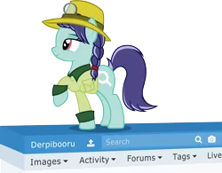 Size: 3222x2519 | Tagged: safe, artist:badumsquish, derpibooru import, oc, oc:search, ponified, unofficial characters only, earth pony, pony, derpibooru, braid, clothes, derpibooru ponified, explorer, female, hat, jacket, looking up, magnifying glass, meta, raised hoof, simple background, solo, transparent background
