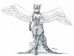 Size: 1500x1134 | Tagged: anthro, artist:baron engel, breasts, busty inky rose, cleavage, clothes, collar, corset, derpibooru import, female, gloves, goth, grayscale, honest apple, inky rose, large wings, leather boots, leather gloves, mare, monochrome, pants, pegasus, prosthetics, solo, solo female, suggestive, traditional art, unguligrade anthro, wide hips, wings