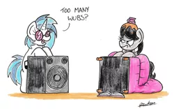 Size: 2358x1468 | Tagged: safe, artist:bobthedalek, derpibooru import, octavia melody, vinyl scratch, earth pony, pony, unicorn, chair, dialogue, duo, female, mare, octavia is not amused, this will end in pain, traditional art, unamused, wub