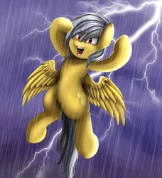 Size: 3069x3365 | Tagged: safe, artist:pridark, derpibooru import, oc, oc:lighting faraday, unofficial characters only, pegasus, pony, clothes, cloud, female, lightning, mare, open clothes, smiling, solo, storm