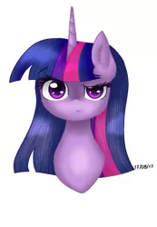 Size: 431x623 | Tagged: safe, artist:pinkpearlmlp, derpibooru import, twilight sparkle, pony, unicorn, bust, ear fluff, female, mare, portrait, raised eyebrow, simple background, solo, white background