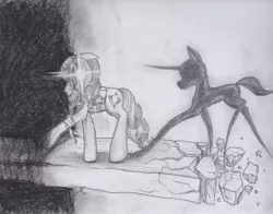 Size: 2083x1637 | Tagged: semi-grimdark, artist:scribblepwn3, derpibooru import, tantabus, oc, oc:midnight scribbler, pony, shadow pony, unicorn, male, monochrome, pencil drawing, shadow, surreal, traditional art