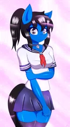Size: 3150x5670 | Tagged: anthro, anthro oc, artist:ramoncrimson935, clothes, cute, derpibooru import, female, gift art, looking at you, mare, miniskirt, moe, oc, ocbetes, oc:sonica, ponytail, safe, school uniform, shirt, skirt, skirt pull, smiling, socks, thigh highs, unofficial characters only, zettai ryouiki