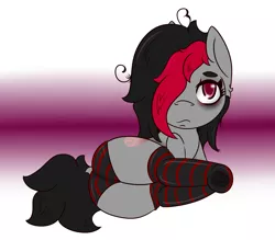 Size: 1352x1182 | Tagged: suggestive, artist:lazerblues, derpibooru import, oc, oc:miss eri, unofficial characters only, pony, clothes, female, looking at you, panties, plot, socks, solo, solo female, striped socks, striped underwear, underwear