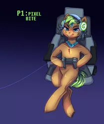 Size: 1113x1329 | Tagged: armpits, collar, derpibooru import, enhanced ponies, oc, oc:pixel bite, safe, semi-anthro, sitting, solo, unofficial characters only, video game