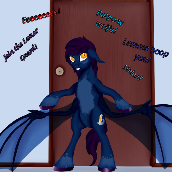 Size: 900x900 | Tagged: safe, artist:bevendre, derpibooru import, oc, oc:midnight oil, unofficial characters only, bat pony, pony, bat pony oc, bipedal, solo, spread wings, text, wings