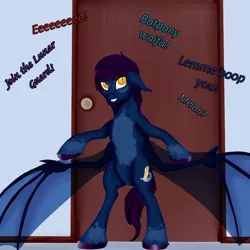 Size: 900x900 | Tagged: safe, artist:bevendre, derpibooru import, oc, oc:midnight oil, unofficial characters only, bat pony, pony, bat pony oc, bipedal, solo, spread wings, text, wings