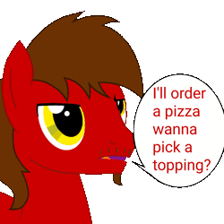 Size: 1000x1000 | Tagged: safe, alternate version, artist:toyminator900, derpibooru import, oc, oc:chip, oc:melody notes, unofficial characters only, pony, animated, food, gif, pineapple, pizza, simple background, speech bubble, transparent background